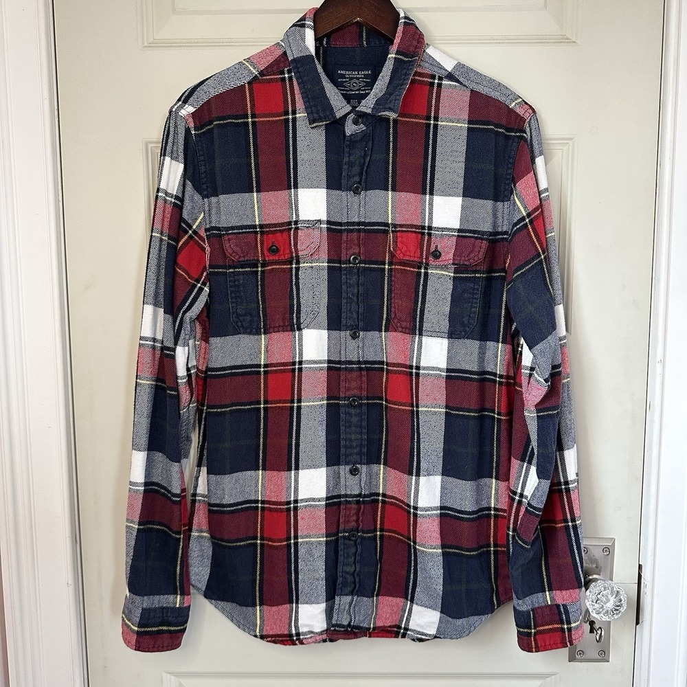 American Eagle Flannel Shirt Mens Medium Blue Red Plaid Flap Pocket Soft Cotton